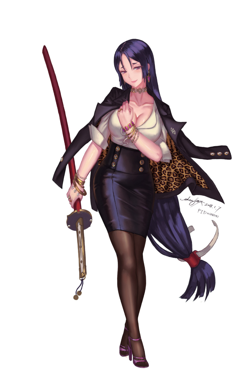 1girl black_hair bracelet breasts choker earrings edenfox fate/grand_order fate_(series) full_body highres holding holding_sword holding_weapon jewelry katana large_breasts long_hair looking_at_viewer low-tied_long_hair minamoto_no_raikou_(fate/grand_order) pantyhose simple_background solo standing sword violet_eyes weapon