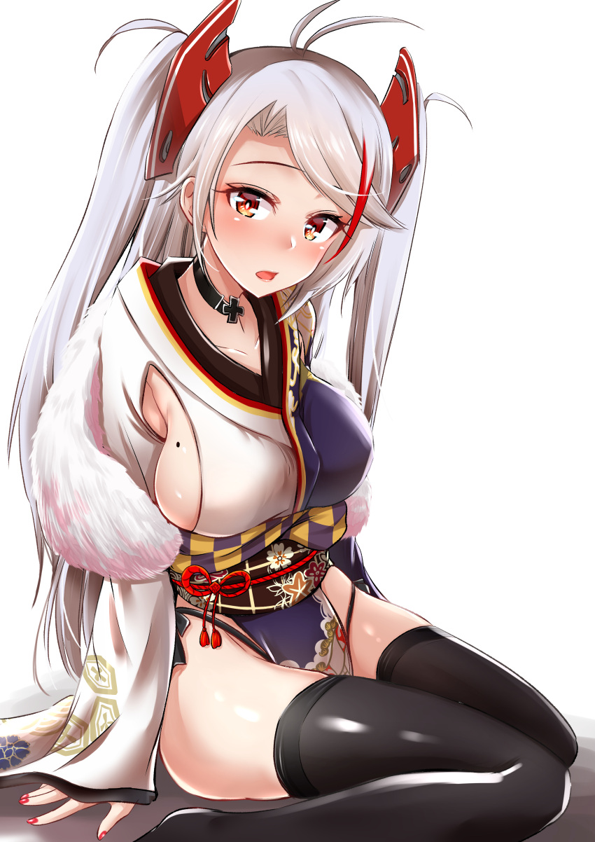 1girl absurdres antenna_hair azur_lane bangs black_choker black_legwear blush breasts brown_eyes choker commentary_request floral_print fuyuzora hakama highlights highres iron_cross japanese_clothes kimono knees_together_feet_apart large_breasts long_hair looking_at_viewer mole mole_on_breast multicolored_hair obi open_mouth prinz_eugen_(azur_lane) sash sideboob silver_hair simple_background sitting solo streaked_hair swept_bangs two_side_up wariza wide_sleeves yukata