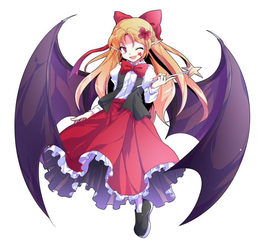 1girl ;d alphes_(style) bat_wings black_footwear black_vest blonde_hair bow bowtie collared_shirt dairi elis_(touhou) eyebrows eyebrows_visible_through_hair facial_mark facing_away fang fingernails flat_chest flower frilled_skirt frills full_body hair_bow hair_flower hair_ornament holding holding_wand index_finger_raised left-handed loafers long_hair long_skirt long_sleeves looking_at_viewer one_eye_closed open_clothes open_mouth open_vest parody pointy_ears puffy_long_sleeves puffy_sleeves red_bow red_neckwear red_skirt shirt shoes simple_background skirt smile solo star style_parody touhou touhou_(pc-98) transparent_background vest violet_eyes wand white_legwear white_shirt wings