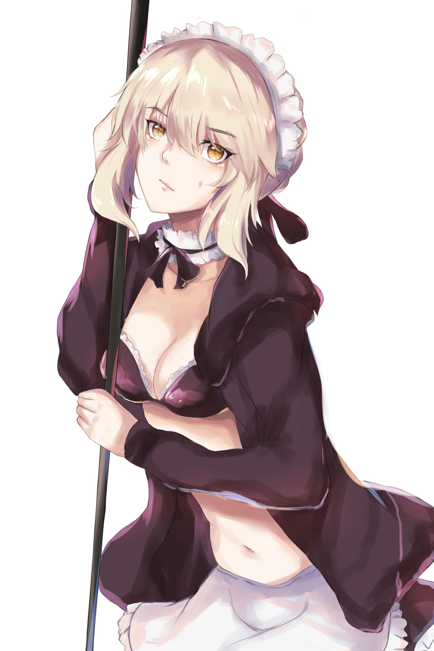 1girl absurdres apron artoria_pendragon_(all) artoria_pendragon_(swimsuit_rider_alter) bikini blonde_hair breasts cleavage fate/grand_order fate_(series) highres jacket jacket_over_swimsuit maid maid_bikini maid_headdress medium_breasts navel rekung saber_alter solo sweatdrop swimsuit upper_body white_background yellow_eyes