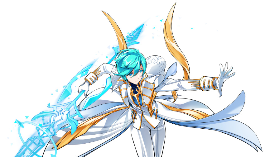 1boy absurdres ainchase_ishmael arme_thaumaturgy_(elsword) artist_request blue_eyes blue_hair closed_mouth cowboy_shot elsword expressionless gloves highres holding holding_spear holding_weapon looking_away male_focus official_art pants polearm solo spear weapon white_coat white_gloves white_pants