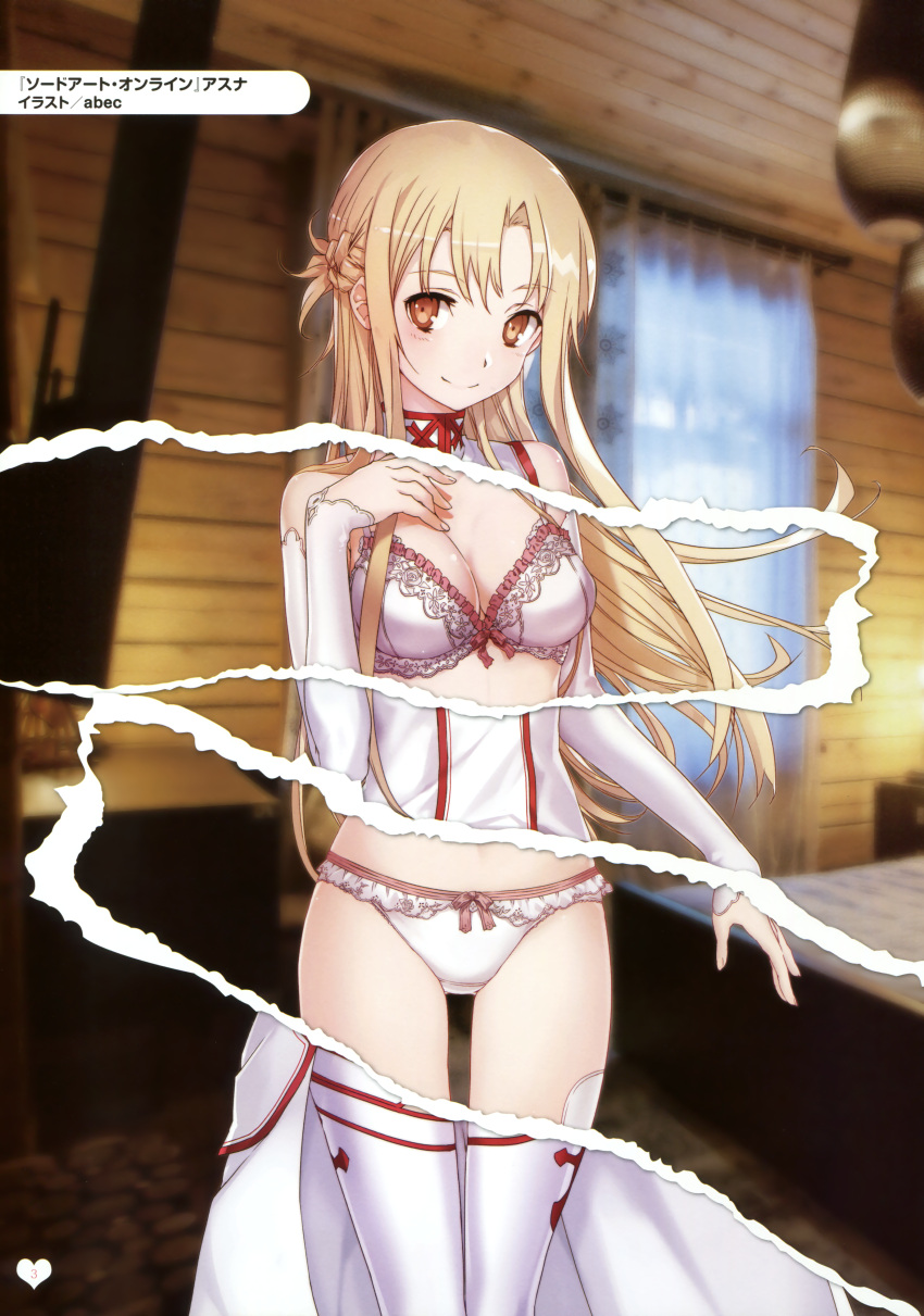 1girl abec absurdres arm_at_side asuna_(sao) bangs bare_shoulders bed bedroom blonde_hair blurry blush bra braid breasts brown_eyes cleavage closed_mouth curtains depth_of_field detached_sleeves floral_print french_braid frilled_bra frills hand_on_own_chest heart highres indoors lingerie long_hair long_sleeves medium_breasts page_number panties scan shiny shiny_hair sleeves_past_wrists smile solo sword_art_online tareme thigh-highs underwear white_bra white_legwear white_panties window wooden_ceiling wooden_wall yuuki_asuna
