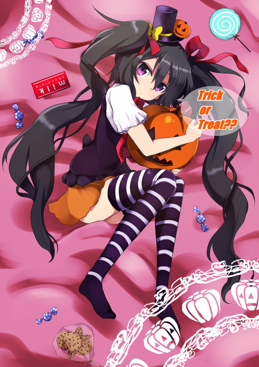 1girl amano_kouki bangs bed_sheet black_hair black_hat blush bow candy candy_wrapper chocolate_chip_cookie closed_mouth commentary_request cookie food hair_between_eyes hair_ribbon halloween hat hat_bow highres jack-o'-lantern jack-o'-lantern_ornament lollipop long_hair looking_at_viewer lying mini_hat mini_top_hat no_shoes note-chan on_side orange_skirt original purple_shirt red_ribbon ribbon shirt short_sleeves skirt solo striped striped_legwear swirl_lollipop thigh-highs top_hat trick_or_treat twintails very_long_hair violet_eyes yellow_bow