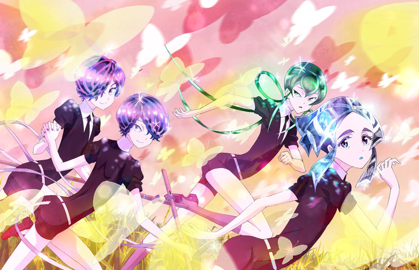 amethyst_(houseki_no_kuni) androgynous black_neckwear black_shorts blue_hair braid butterfly crystal_hair euclase_(houseki_no_kuni) gem_uniform_(houseki_no_kuni) green_eyes green_hair hair_over_one_eye heterochromia highres houseki_no_kuni jade_(houseki_no_kuni) long_hair multicolored_hair official_art purple_hair shirt short_sleeves shorts siblings twins violet_eyes white_shirt