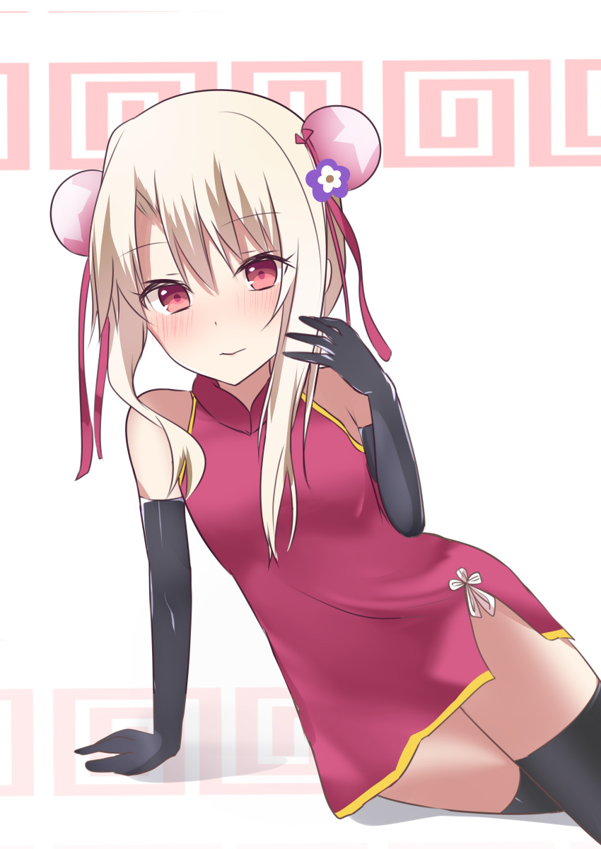 1girl absurdres arm_support bangs black_gloves black_legwear blush bun_cover china_dress chinese_clothes closed_mouth commentary_request double_bun dress elbow_gloves eyebrows_visible_through_hair fate/kaleid_liner_prisma_illya fate_(series) gloves hair_between_eyes highres illyasviel_von_einzbern light_brown_hair long_hair looking_at_viewer natsu_(sinker8c) purple_dress red_eyes sidelocks sleeveless sleeveless_dress solo thigh-highs