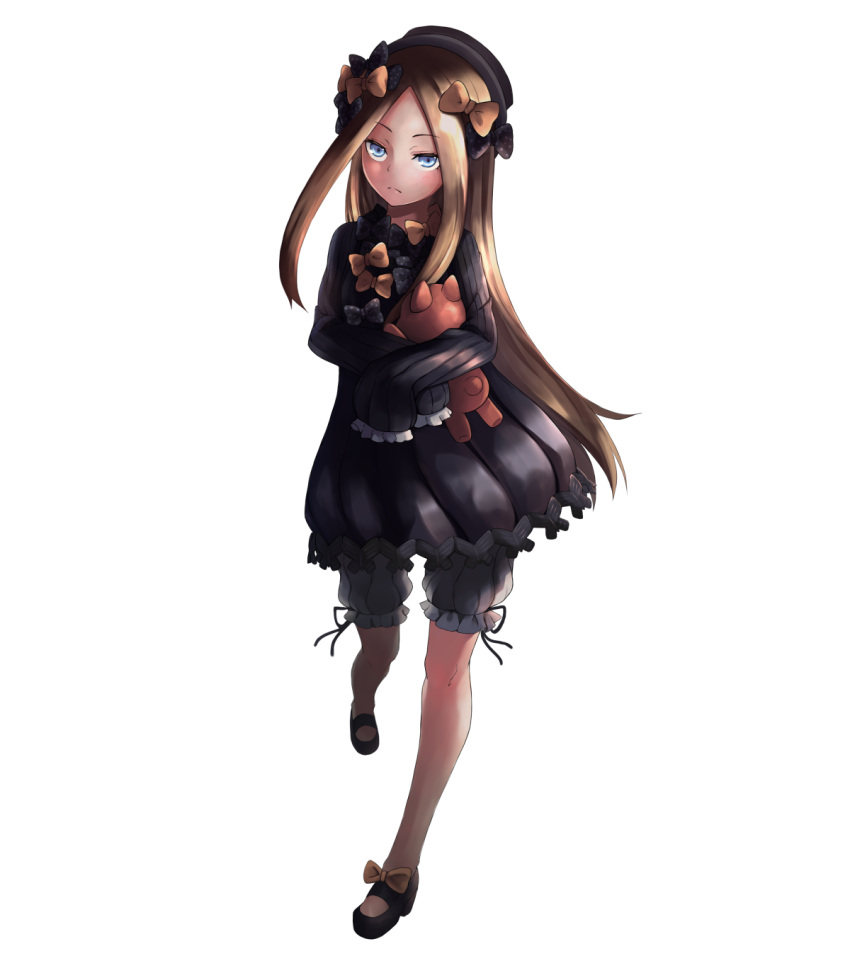 1girl abigail_williams_(fate/grand_order) bangs black_bow black_dress black_footwear black_hat blonde_hair bloomers blue_eyes bow butterfly dress eyebrows_visible_through_hair fate/grand_order fate_(series) forehead frown hair_bow hat highres long_hair long_sleeves looking_at_viewer mary_janes miya_(pixiv15283026) object_hug orange_bow parted_bangs polka_dot polka_dot_bow shoes simple_background sleeves_past_wrists solo standing standing_on_one_leg stuffed_animal stuffed_toy teddy_bear underwear very_long_hair white_background white_bloomers