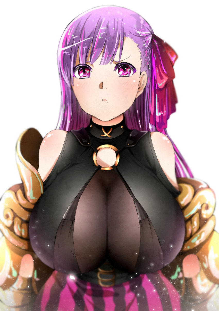 1girl absurdres artist_request bare_shoulders belt_collar breasts commentary_request fate/extra fate/extra_ccc fate/grand_order fate_(series) gauntlets hair_ribbon highres huge_breasts looking_at_viewer o-ring o-ring_top passion_lip pink_ribbon purple_hair ribbon solo violet_eyes
