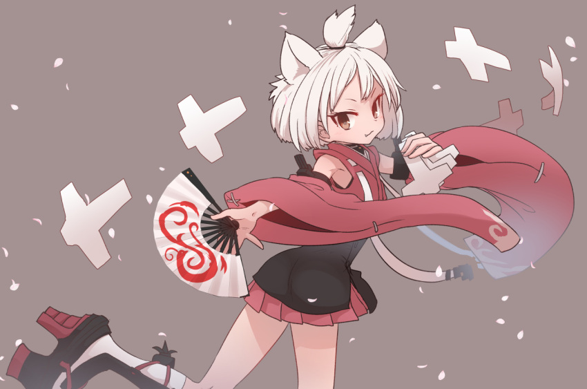 1girl animal_ears azur_lane brown_eyes closed_mouth detached_sleeves fan fang_out folding_fan grey_background holding japanese_clothes long_sleeves looking_at_viewer paper_airplane platform_footwear pleated_skirt red_skirt sandals short_hair shouhou_(azur_lane) simple_background skirt smile socks solo standing standing_on_one_leg sumiyao_(amam) topknot white_hair white_legwear wide_sleeves