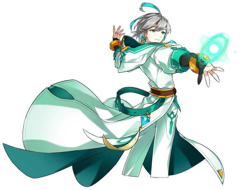 1boy absurdres ahoge ainchase_ishmael aqua_hair artist_request belt black_gloves earrings elsword gloves god's_agent_(elsword) green_eyes grey_hair highres hood jewelry looking_away magic magic_circle male_focus multicolored_hair official_art pants partly_fingerless_gloves smile solo two-tone_hair white_coat white_pants