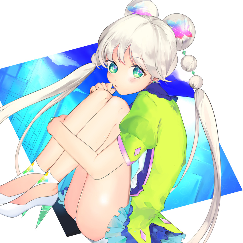 absurdres aqua_eyes ass blue_sky blush earrings highres jewelry knees_up layered_stories_zero long_hair looking_at_viewer mgnj0 sky twintails white_footwear white_hair