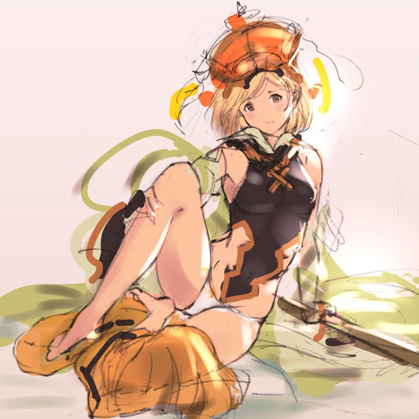 1girl absurdres apsaras_(granblue_fantasy) barefoot blonde_hair breasts brown_eyes djeeta_(granblue_fantasy) granblue_fantasy hat highres medium_breasts milli_little panties short_hair sitting sketch sleeveless underwear white_panties