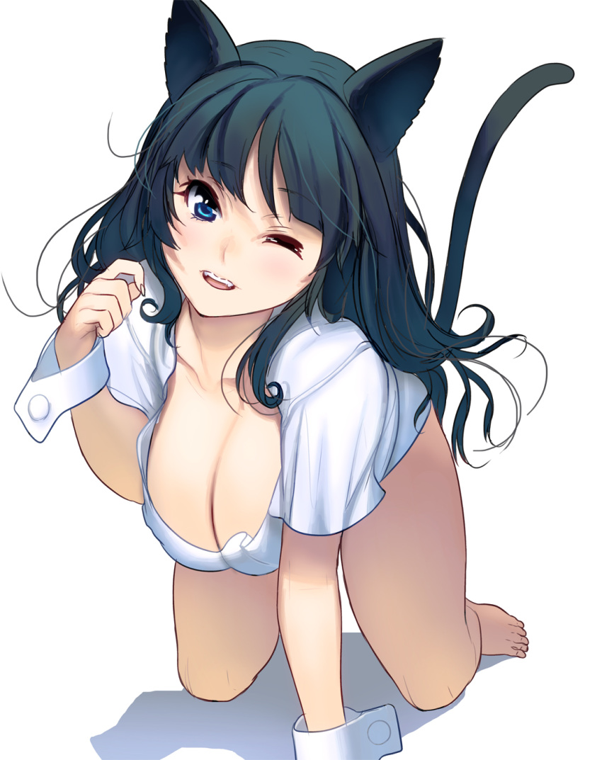 1girl ;d all_fours animal_ears barefoot black_hair blue_eyes breasts cat_ears cat_tail cleavage highres large_breasts long_hair looking_at_viewer masao one_eye_closed open_mouth original smile solo tail teeth