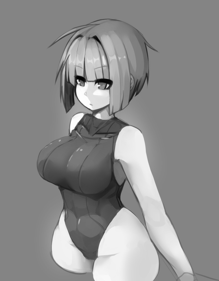 1girl bangs bare_arms bare_shoulders blunt_bangs breasts commentary cowboy_shot cropped_legs expressionless grey_background greyscale hair_intakes highres large_breasts leotard monochrome original short_hair simple_background sketch solo standing sub-res