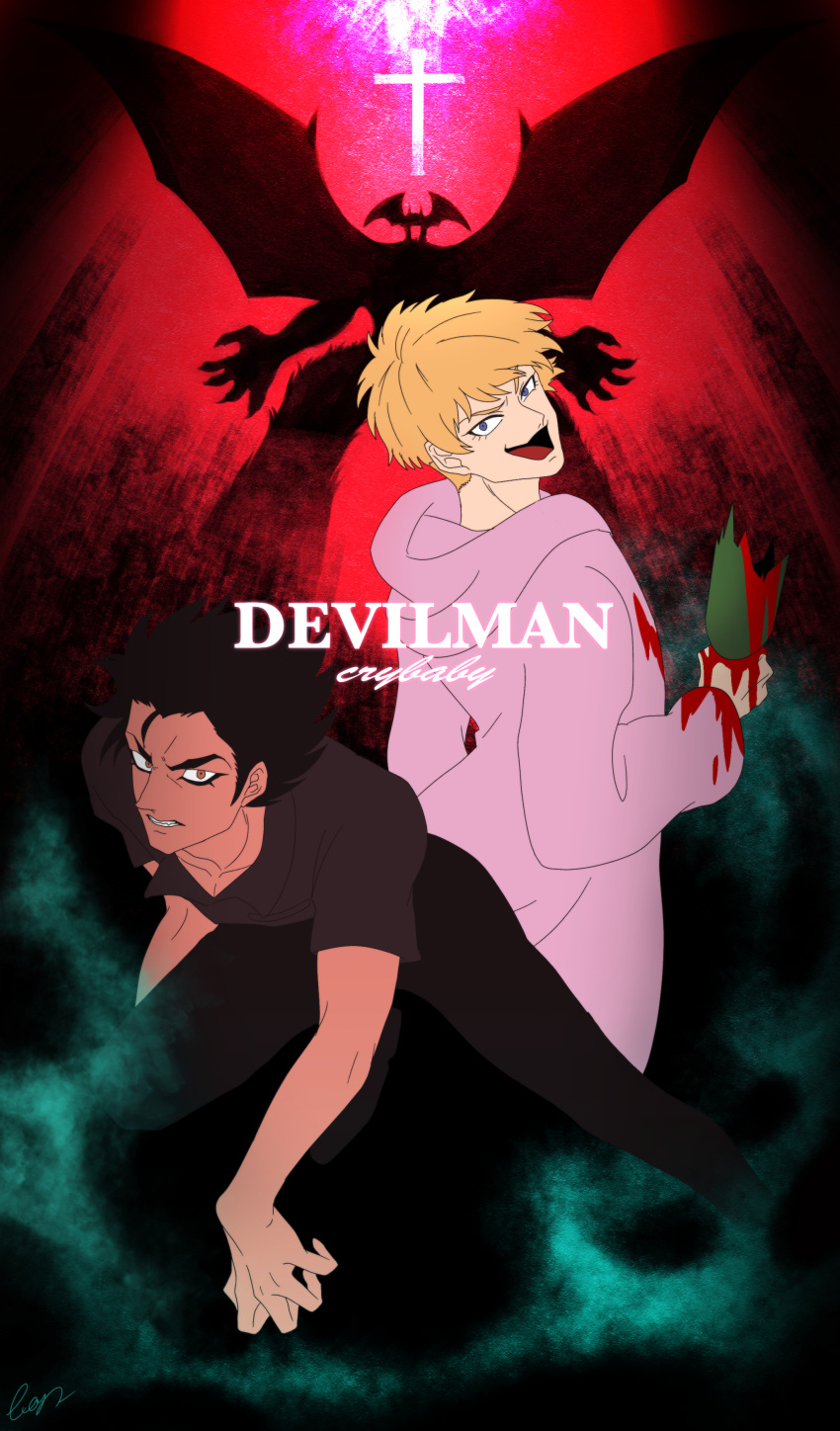 2boys absurdres asuka_ryou black_hair blonde_hair blood bowl_cut broken_glass cross devilman devilman_crybaby evil_smile eyebrows fangs fudou_akira glass head_wings highres hood leg1228 male_focus multiple_boys short_hair sideburns smile wings