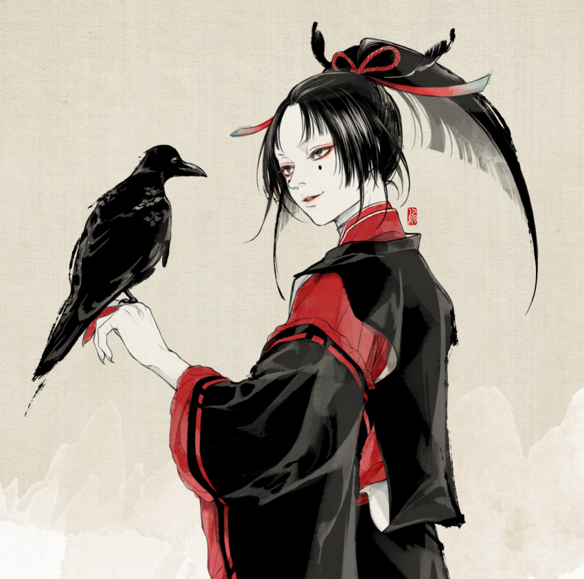 1boy bird bird_on_hand black_hair crow feathers grey_eyes hair_feathers japanese_clothes kogarasumaru_(touken_ranbu) male_focus ponytail smile touken_ranbu twoframe