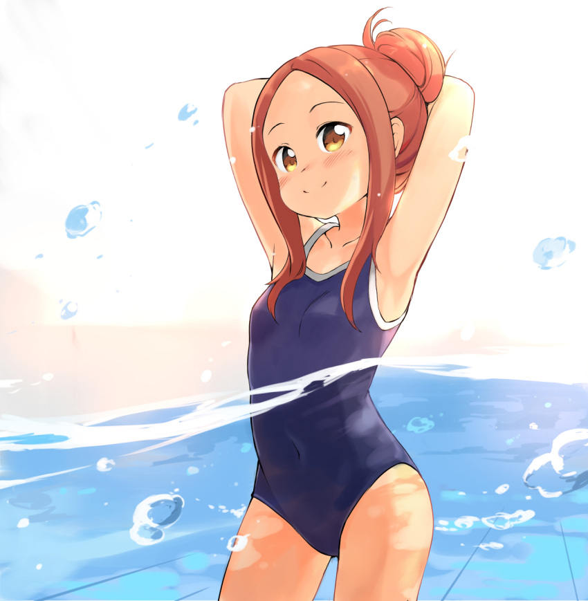 1girl armpits arms_up brown_hair competition_school_swimsuit covered_navel cowboy_shot garun_wattanawessako hair_bun highres karakai_jouzu_no_takagi-san long_hair school_swimsuit sidelocks smile solo swimsuit takagi-san water yellow_eyes