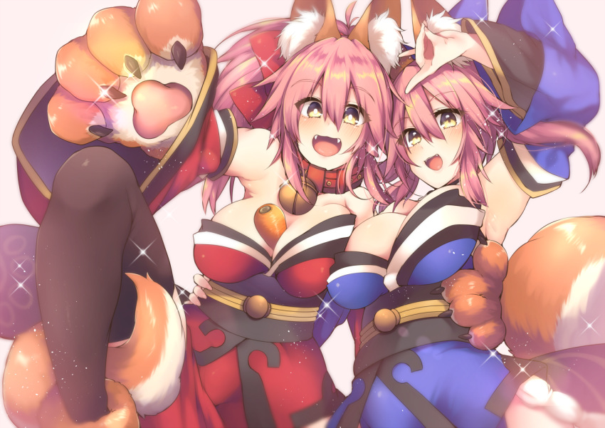 2girls animal_ears bare_shoulders bell bell_collar between_breasts black_legwear blush breasts carrot cat_paws cleavage collar collarbone commentary_request detached_sleeves dual_persona fangs fate/grand_order fate_(series) food fox_ears fox_shadow_puppet fox_tail gloves hair_ribbon japanese_clothes jingle_bell kaenuco large_breasts long_hair looking_at_viewer multiple_girls open_mouth paw_gloves paw_shoes paws pink_hair ponytail ribbon shoes tail tamamo_(fate)_(all) tamamo_cat_(fate) tamamo_no_mae_(fate) thigh-highs vegetable yellow_eyes