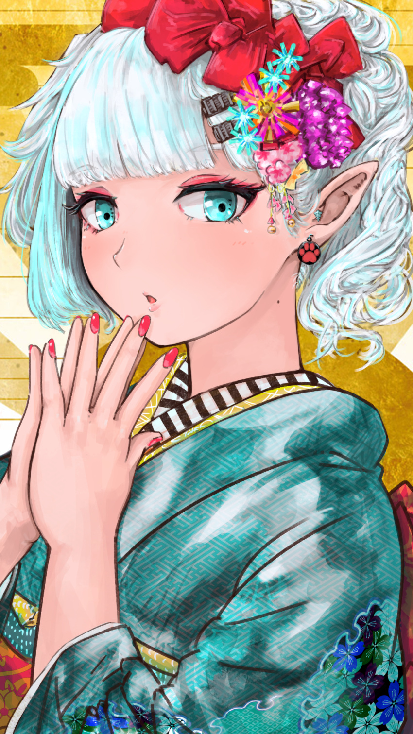 1girl :o aqua_eyes aqua_hair bangs blunt_bangs earrings eyelashes eyeliner face fingers_to_mouth flower hair_flower hair_ornament hair_ribbon hairclip hands hands_together highres japanese_clothes jewelry kanrobi kimono looking_at_viewer makeup mole mole_on_neck nail_polish obi original paw_print pointy_ears red_nails ribbon sash side_glance solo two-tone_background upper_body