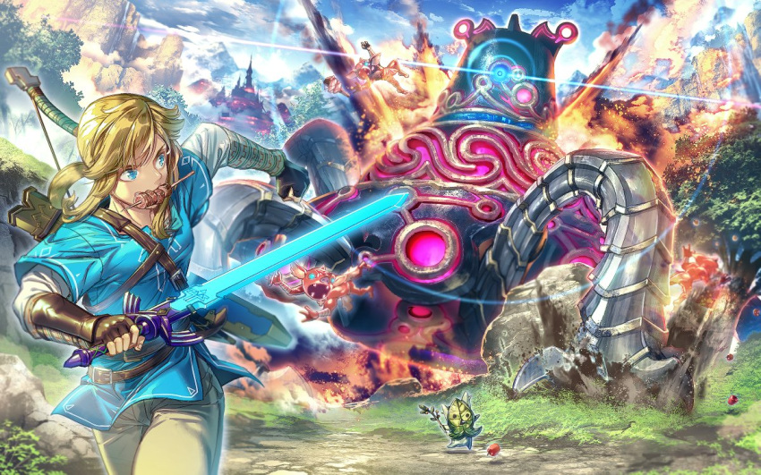1boy blonde_hair field food grass guardian_(breath_of_the_wild) korok link long_hair male_focus pointy_ears ponytail ruins skewer sky sword the_legend_of_zelda the_legend_of_zelda:_breath_of_the_wild tree weapon zounose
