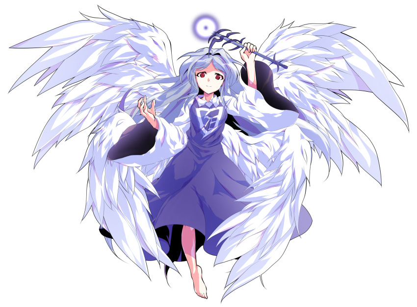 1girl alphes_(style) angel angel_wings bangs bare_legs barefoot blue_hair breasts closed_mouth collared_shirt dairi dress eyebrows eyebrows_visible_through_hair feathered_wings feathers full_body hair_intakes highres holding holding_wand left-handed long_hair long_sleeves looking_at_viewer multiple_wings palms parody parted_bangs purple_dress red_eyes sariel seraph shirt simple_background small_breasts smile solo style_parody touhou touhou_(pc-98) transparent_background undershirt wand white_shirt white_wings wide_sleeves wings