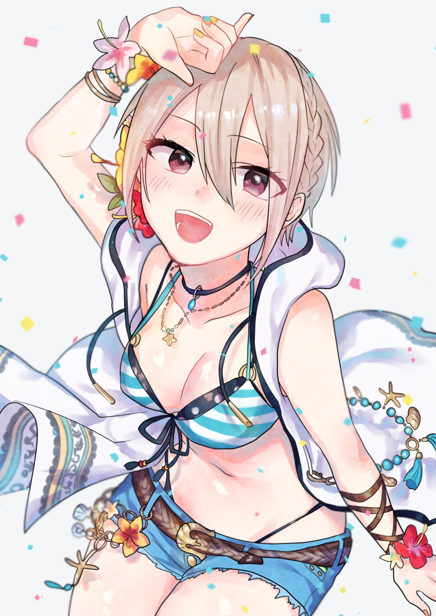 1girl :d arm_over_head belt bikini bikini_under_clothes black_eyes blush bracelet braid breasts cleavage commentary_request confetti crown_braid cutoff_jeans cutoffs denim denim_shorts flower grey_hair hair_flower hair_ornament highres hood hood_down hoodie idolmaster idolmaster_cinderella_girls idolmaster_cinderella_girls_starlight_stage jewelry looking_at_viewer looking_up medium_breasts moegi0926 open_mouth shiomi_shuuko short_hair short_shorts shorts sleeveless sleeveless_hoodie smile solo striped_bikini_top swimsuit wrist_flower wrist_straps