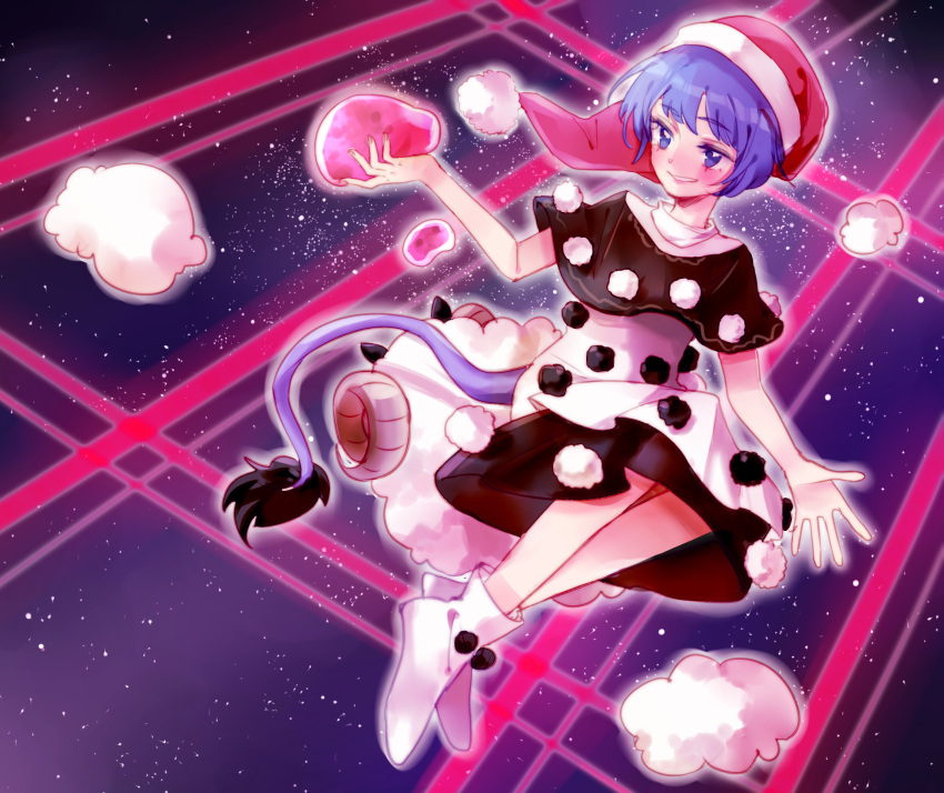 1girl blue_eyes blue_hair blush boots commentary doremy_sweet dream_soul dress grin highres sheep slimesushi smile solo tail tapir_tail touhou