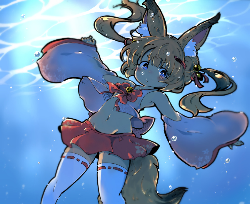 1girl :/ animal_ears bangs bare_shoulders bell blue_eyes blush bow bowtie bright_pupils bubble closed_mouth collarbone crop_top detached_sleeves eyebrows eyebrows_visible_through_hair facing_away floral_print fox_ears fox_tail frown groin hair_bell hair_between_eyes hair_ornament hair_ribbon hairclip highres jingle_bell kemomimi_vr_channel legs_apart long_hair long_sleeves looking_at_viewer miniskirt mochizuki_usagi navel nekomasu_(kemomimi_vr_channel) orange_hair outstretched_arms pink_shirt pleated_skirt red_bow red_neckwear red_ribbon red_skirt ribbon ribbon-trimmed_legwear ribbon_trim shirt skirt sleeves_past_wrists solo stomach tail tareme thick_eyebrows thigh-highs twintails underwater water white_legwear white_pupils wide_sleeves zettai_ryouiki