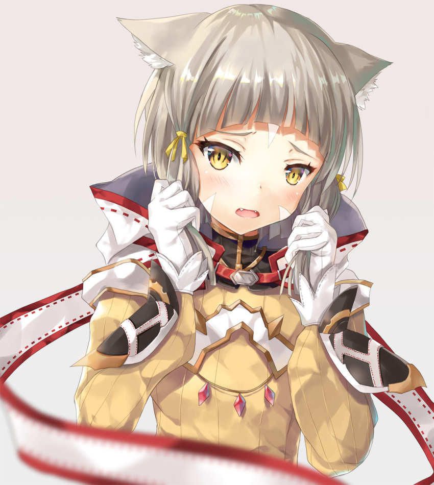 1girl animal_ears bangs blunt_bangs bodysuit cat_ears embarrassed eyebrows gloves highres hinot hood long_sleeves looking_at_viewer niyah open_mouth ribbon short_hair silver_hair simple_background smile solo white_gloves xenoblade xenoblade_2 yellow_bodysuit yellow_eyes