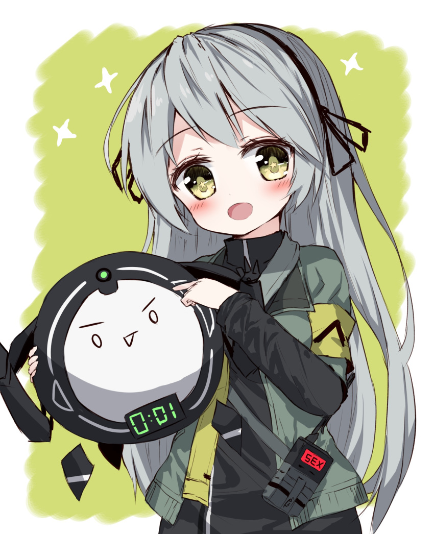 1girl :d bangs black_hairband black_ribbon black_shirt blush commentary eyebrows_visible_through_hair girls_frontline green_eyes green_jacket grey_hair hair_ribbon hairband head_tilt highres holding jacket long_hair long_sleeves looking_at_viewer open_clothes open_jacket open_mouth pointing ribbon shirt short_over_long_sleeves short_sleeves smile solo star star-shaped_pupils symbol-shaped_pupils tandohark ump40_(girls_frontline) very_long_hair walkie-talkie