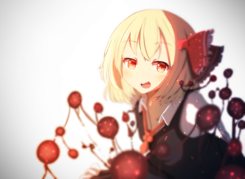 1girl arms_behind_back blonde_hair darkness eyebrows_visible_through_hair gradient gradient_background hair_ribbon looking_at_viewer necktie open_mouth pran_(nipura) red_eyes red_neckwear red_ribbon ribbon rumia smile solo touhou vest
