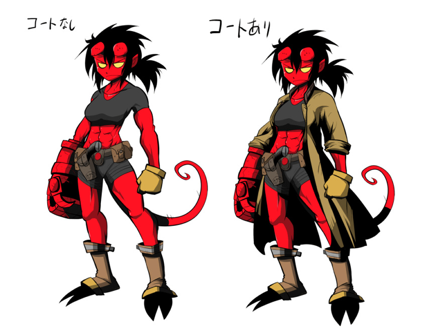 abs belt bike_shorts black_hair broken_horn demon demon_girl demon_tail genderswap genderswap_(mtf) gloves gun hellboy hellboy_(comic) holster hooves horns jacket messy_hair navel ponytail rariatto_(ganguri) red_skin sidelocks solo standing tail utility_belt weapon white_background yellow_eyes