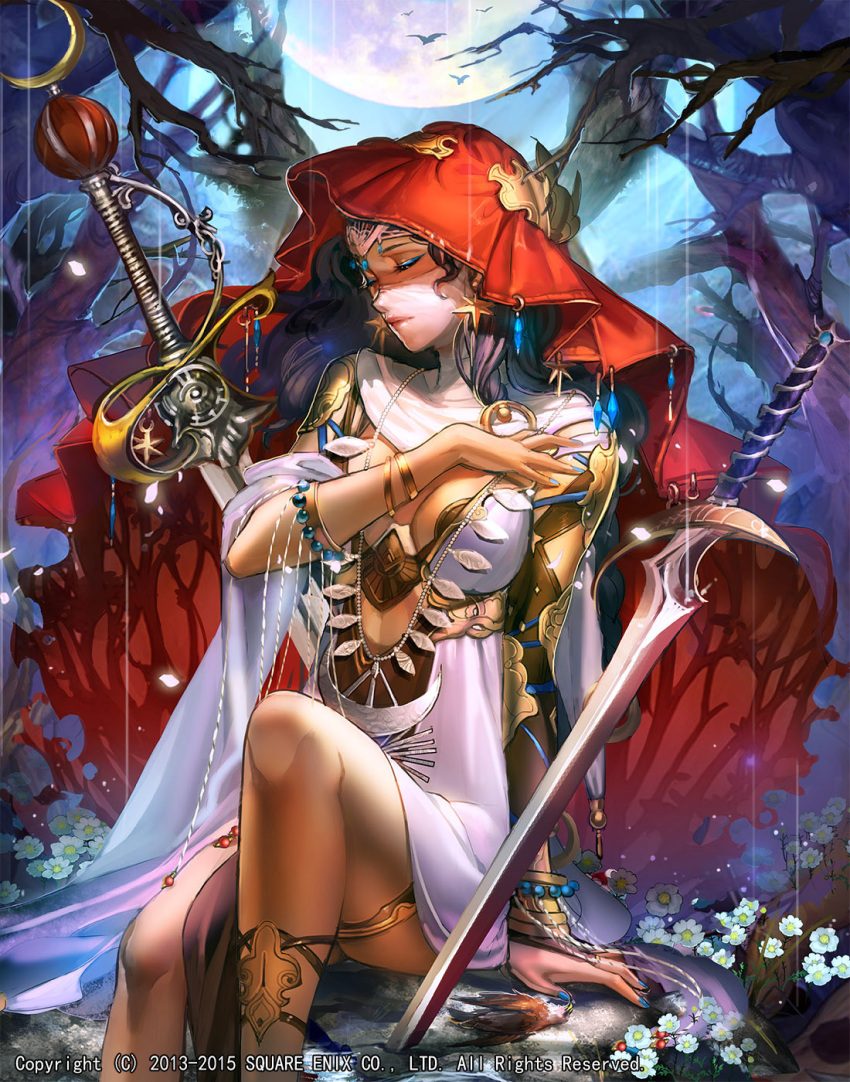 1girl blue_nails bra bracelet breasts cloak closed_eyes closed_mouth emperors_saga eyeshadow fingernails full_moon hand_up highres jewelry knee_up large_breasts liduke makeup moon nail_polish official_art planted_sword planted_weapon sitting solo sword tiara tree underwear watermark weapon