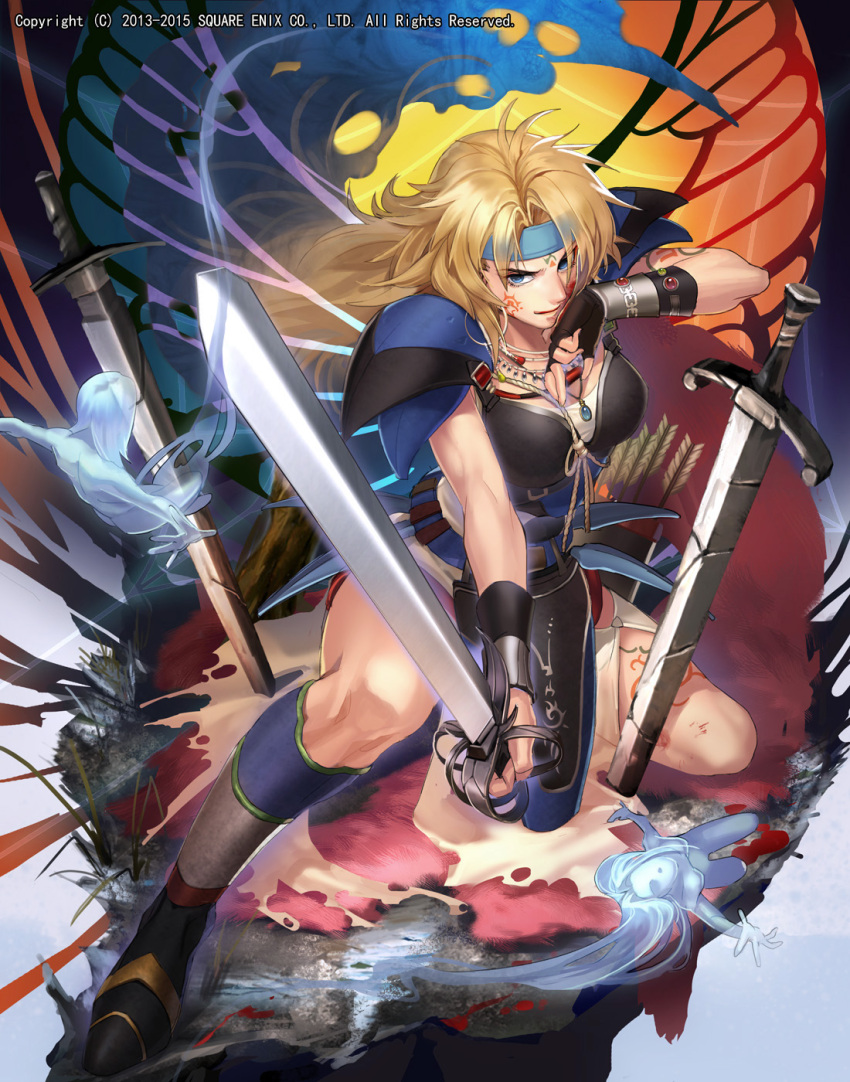 1girl armor blonde_hair blue_eyes boots bracer bruise closed_mouth creature emperors_saga fighting_stance gem headband highres holding holding_sword holding_weapon injury jewelry liduke long_hair looking_at_viewer necklace official_art pauldrons pelvic_curtain planted_sword planted_weapon solo spread_legs sword watermark weapon wiping_face