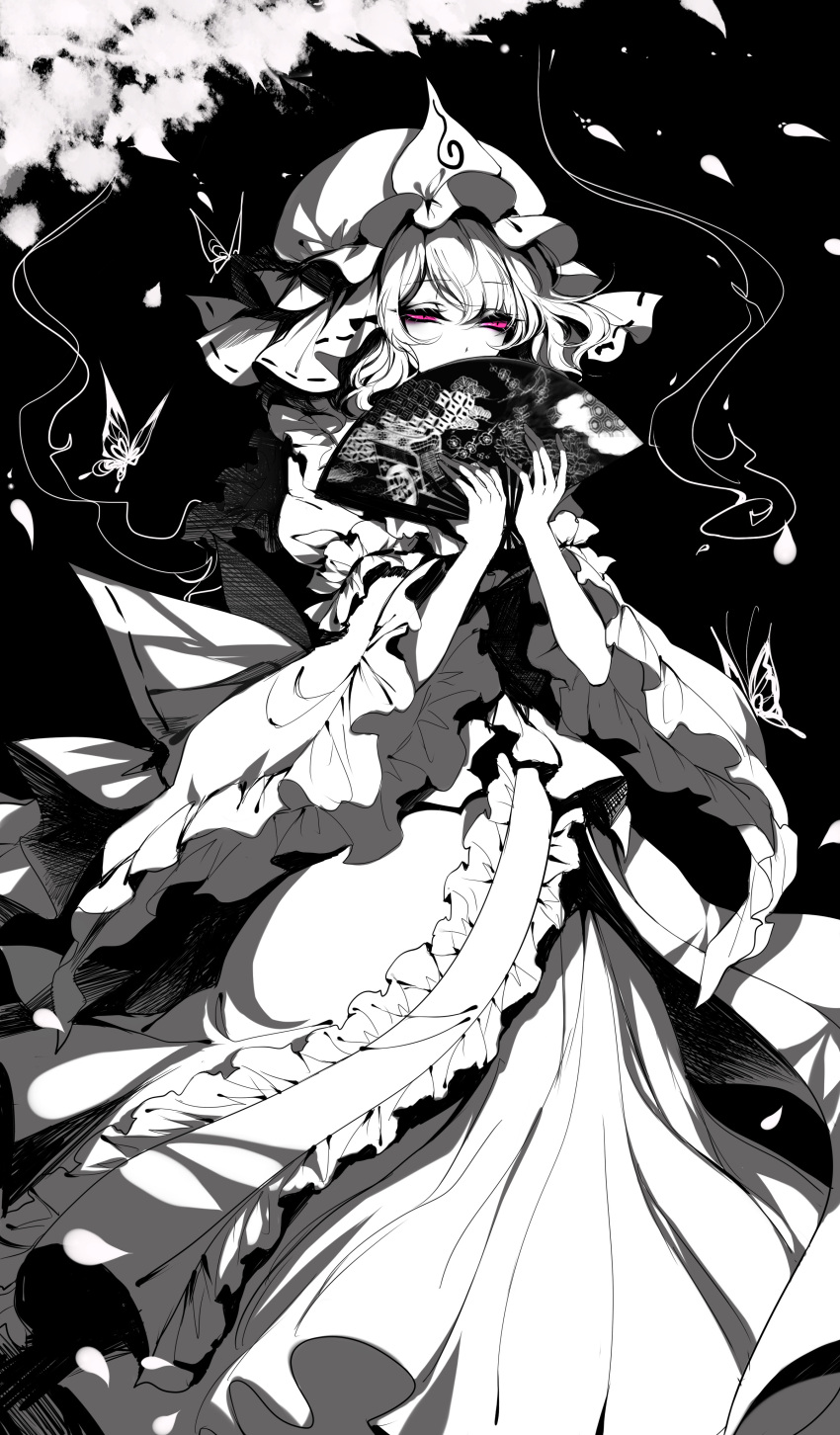 1girl absurdres arm_garter black_background butterfly commentary_request dress eyebrows_visible_through_hair fan frills greyscale hat highres hitodama holding holding_fan limited_palette long_sleeves mob_cap monochrome petals red_eyes saigyouji_yuyuko sheya short_hair solo spot_color touhou triangular_headpiece veil wide_sleeves