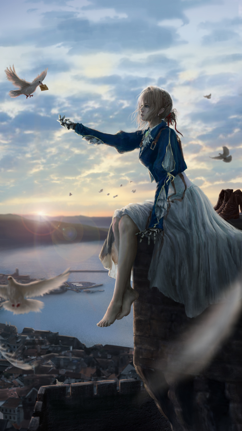 1girl absurdres bare_legs bird blonde_hair blue_eyes boots brooch cityscape dove dress envelope hair_ribbon highres jewelry realistic ribbon scenery sunrise user_hxjy5287 violet_evergarden violet_evergarden_(character)