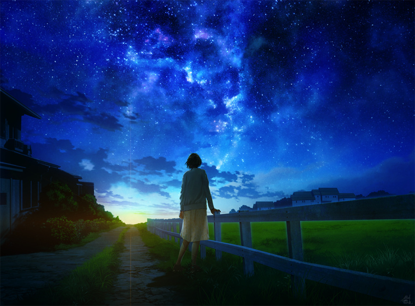 1girl black_hair blue_jacket bush commentary_request facing_viewer fence field from_behind galaxy grass house jacket light_rays long_sleeves mocha_(cotton) night night_sky original outdoors scenery short_hair skirt sky solo standing star_(sky) starry_sky sunrise tree yellow_skirt