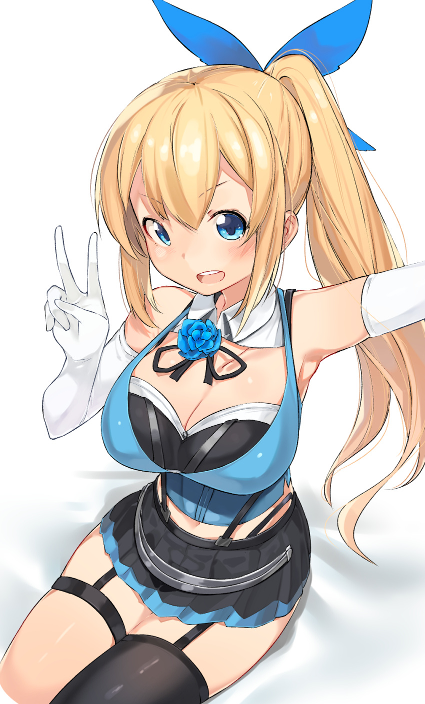 1girl :d bare_shoulders bed_sheet blonde_hair blue_eyes blue_flower blue_rose blush breasts cleavage elbow_gloves flower gloves hair_between_eyes highres kei_(soundcross) large_breasts long_hair looking_at_viewer mirai_akari mirai_akari_project open_mouth outstretched_arm pleated_skirt ponytail rose self_shot single_thighhigh sitting skirt smile solo thigh-highs v