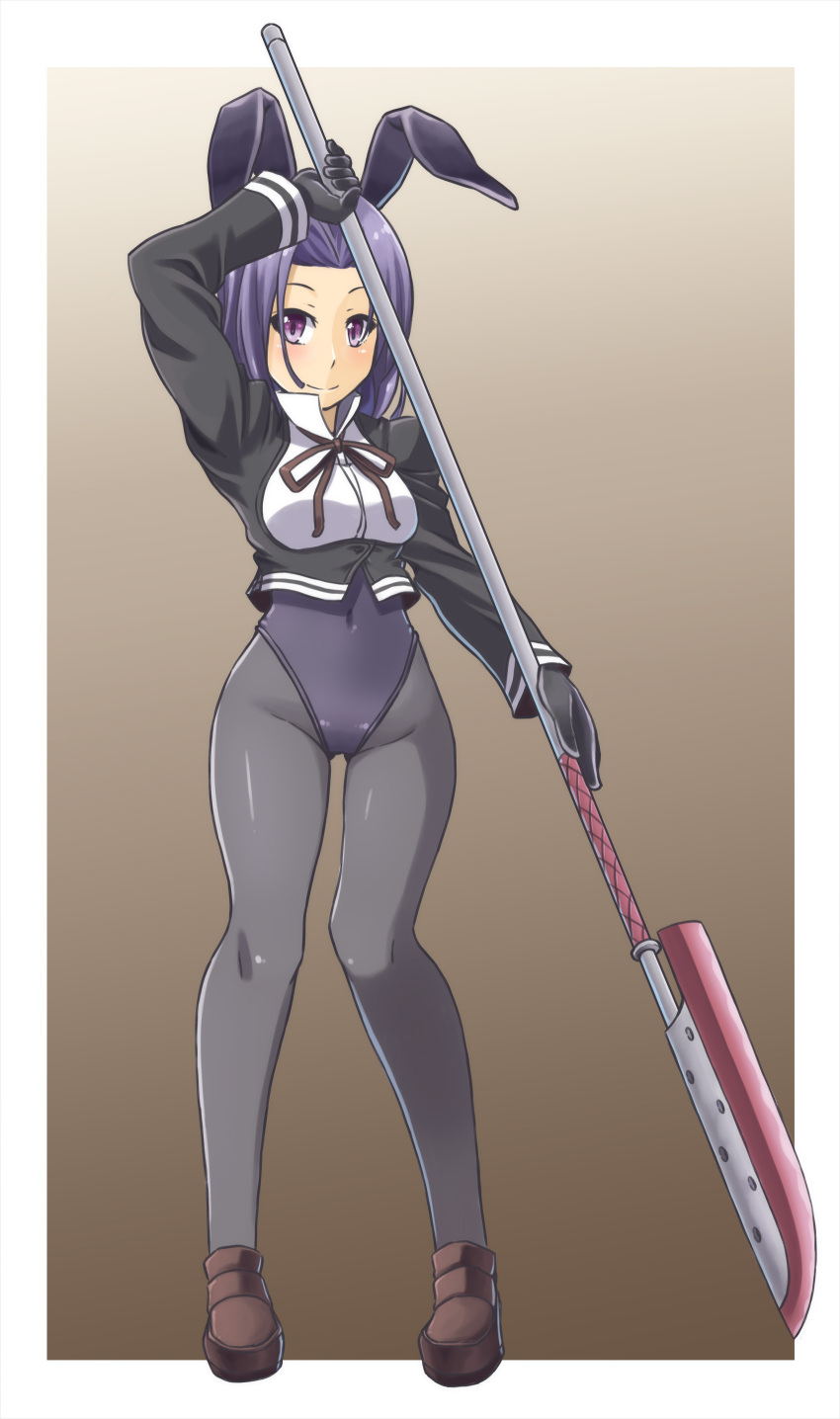 1girl absurdres adapted_costume alto-00 animal_ears black_gloves black_jacket black_legwear black_leotard blouse breasts bunnysuit fake_animal_ears full_body glaive gloves grey_background headgear highres jacket kantai_collection leotard looking_at_viewer neckerchief pantyhose polearm purple_hair rabbit_ears red_neckwear short_hair smile solo tatsuta_(kantai_collection) violet_eyes weapon wrist_cuffs