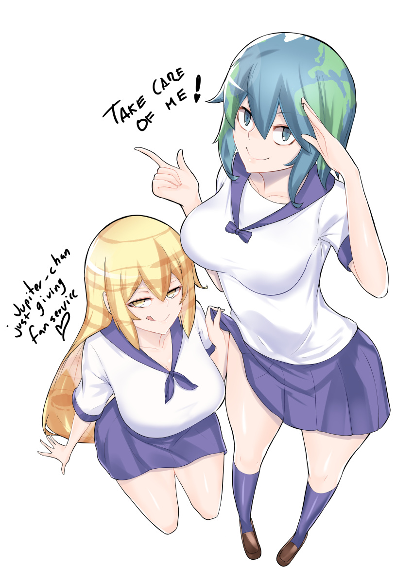 2girls :q absurdres assisted_exposure aster_crowley blonde_hair blue_eyes blue_hair breasts brown_hair earth-chan earth_hair english from_above green_hair highres jupiter-chan kneehighs large_breasts loafers long_hair looking_at_viewer medium_breasts miniskirt multiple_girls naughty_face original school_uniform shoes short_hair short_sleeves skirt skirt_lift smile standing tongue tongue_out very_long_hair yellow_eyes