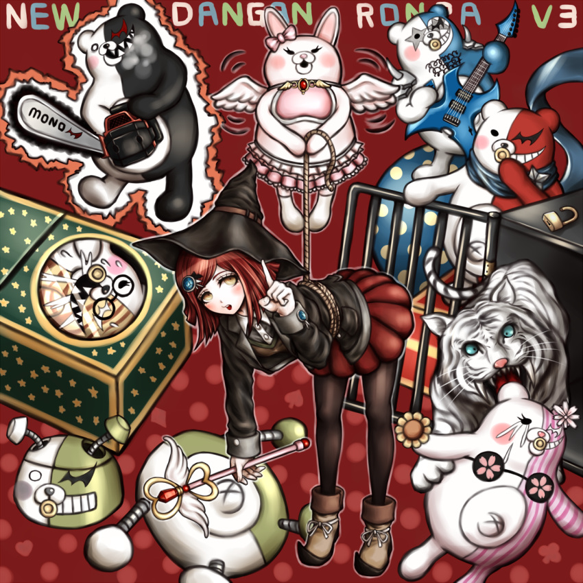 1girl boots bow brown_eyes chainsaw dangan_ronpa hair_ornament hairclip hat highres komatsuzaki_rui_(style) monodam monofunny monokid monokuma monomi_(dangan_ronpa) monosuke monotarou_(dangan_ronpa) new_dangan_ronpa_v3 official_style open_mouth oyume pantyhose pleated_skirt redhead rope short_hair skirt tiger tiger_cub witch_hat yumeno_himiko