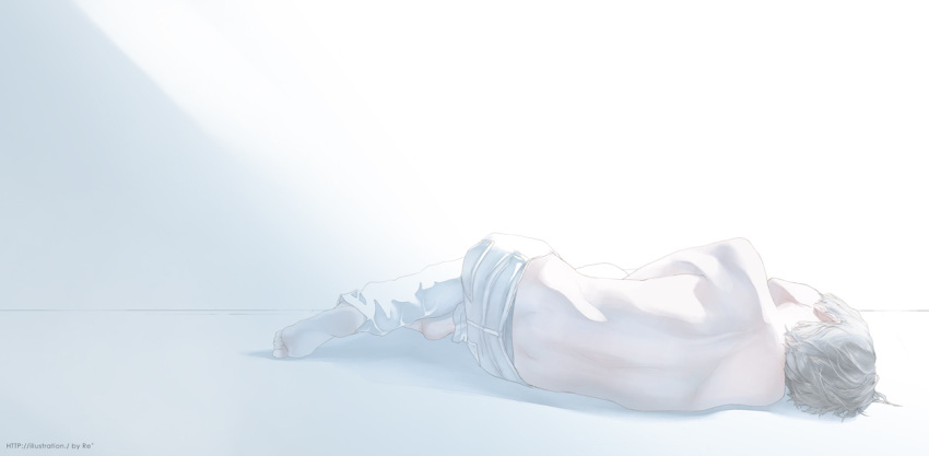 1boy artist_name back_turned bare_back barefoot lying male_focus original pants rido_(ridograph) short_hair simple_background sunlight white_background white_hair white_pants