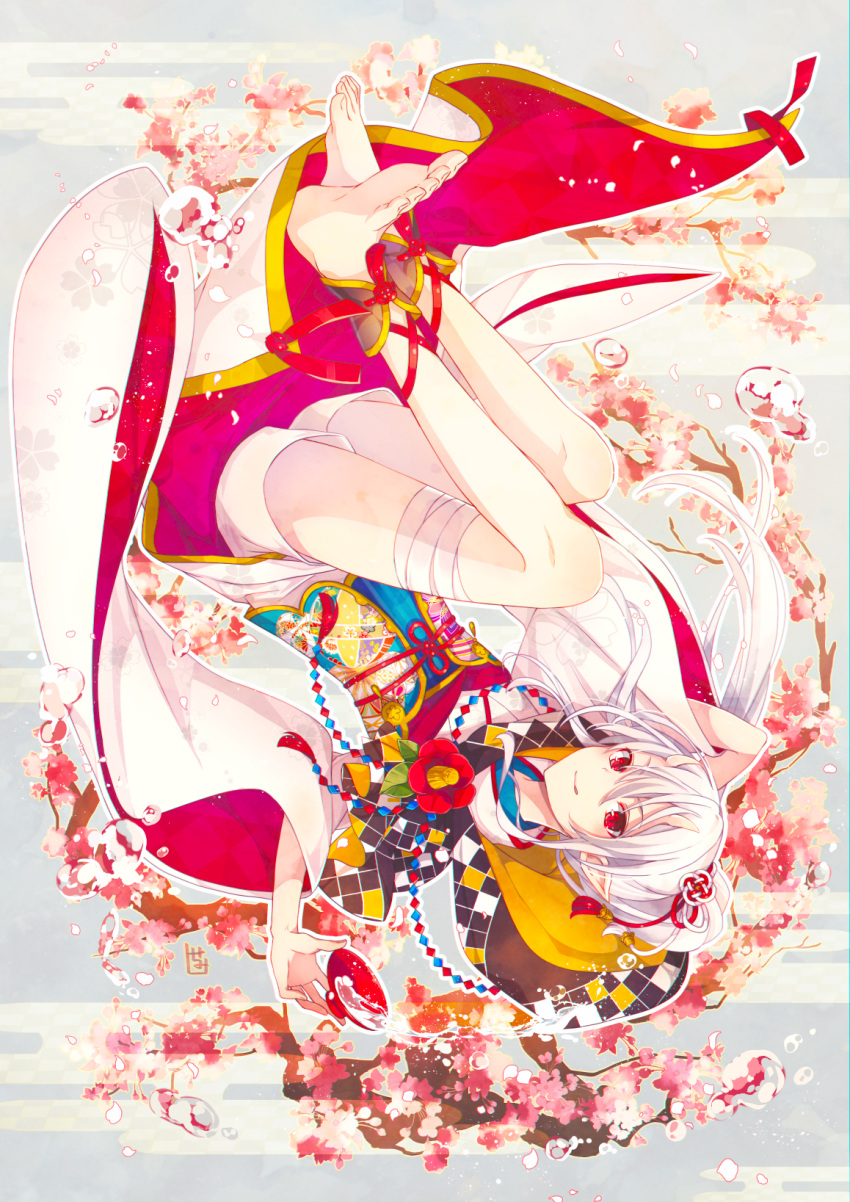 1girl :q ankle_cuffs bandage bandaged_leg barefoot cherry_blossoms closed_mouth commentary_request goma_(11zihisin) hair_ornament head_tilt high_ponytail highres japanese_clothes kimono long_hair long_sleeves looking_at_viewer obi oni_horns original ponytail red_eyes sash short_shorts shorts signature smile soles solo toenails tongue tongue_out upside-down white_hair white_kimono white_shorts wide_sleeves