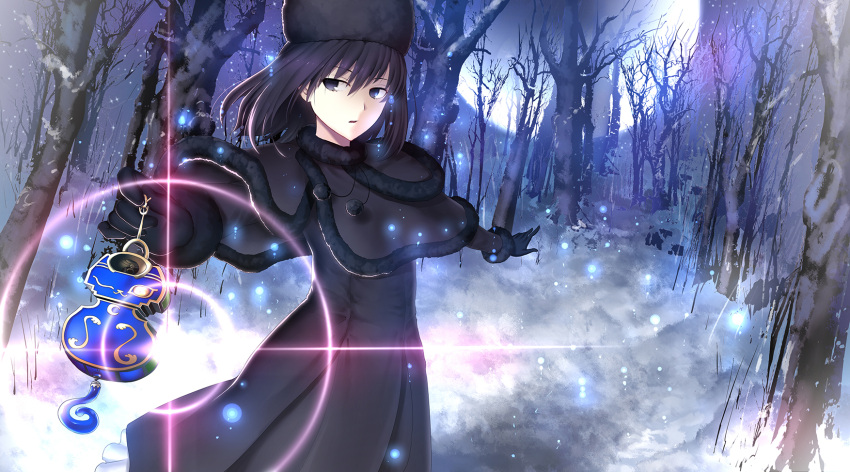 1girl black_dress black_eyes black_gloves black_hair black_hat capelet dress floating_hair forest fur_trim gloves hair_between_eyes hat highres holding kuonji_alice kuraka mahou_tsukai_no_yoru nature open_mouth outdoors outstretched_arms snow solo standing tree