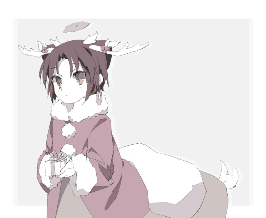 1girl antlers boro_(tn-boro) box centaur clantail expressionless gift gift_box grey grey_background holding looking_at_viewer mahou_shoujo_ikusei_keikaku mahou_shoujo_ikusei_keikaku_restart monster_girl reindeer reindeer_antlers santa_costume solo tail tail_wagging