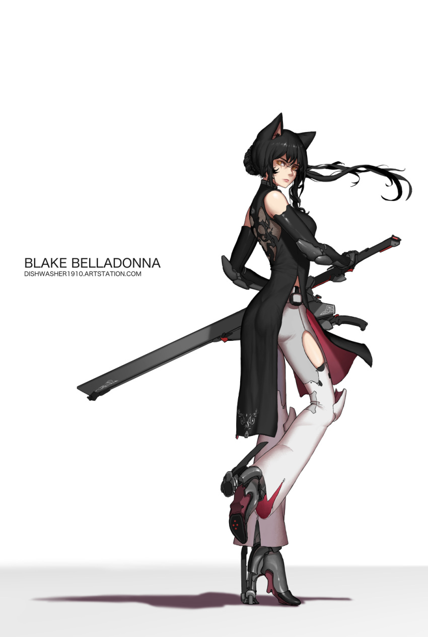 1girl animal_ears ankle_boots armored_boots artist_name bare_shoulders black_dress black_footwear black_gloves black_hair blake_belladonna boots cat_ears character_name dishwasher1910 dress elbow_gloves elbow_pads fighting_stance floating_hair from_side full_body gloves grey_pants hand_on_sword high_heel_boots high_heels highres knee_pads leg_up lips long_hair looking_at_viewer looking_to_the_side older pants pelvic_curtain ponytail rwby shadow sheath sheathed sidelocks simple_background solo standing standing_on_one_leg watermark web_address white_background yellow_eyes