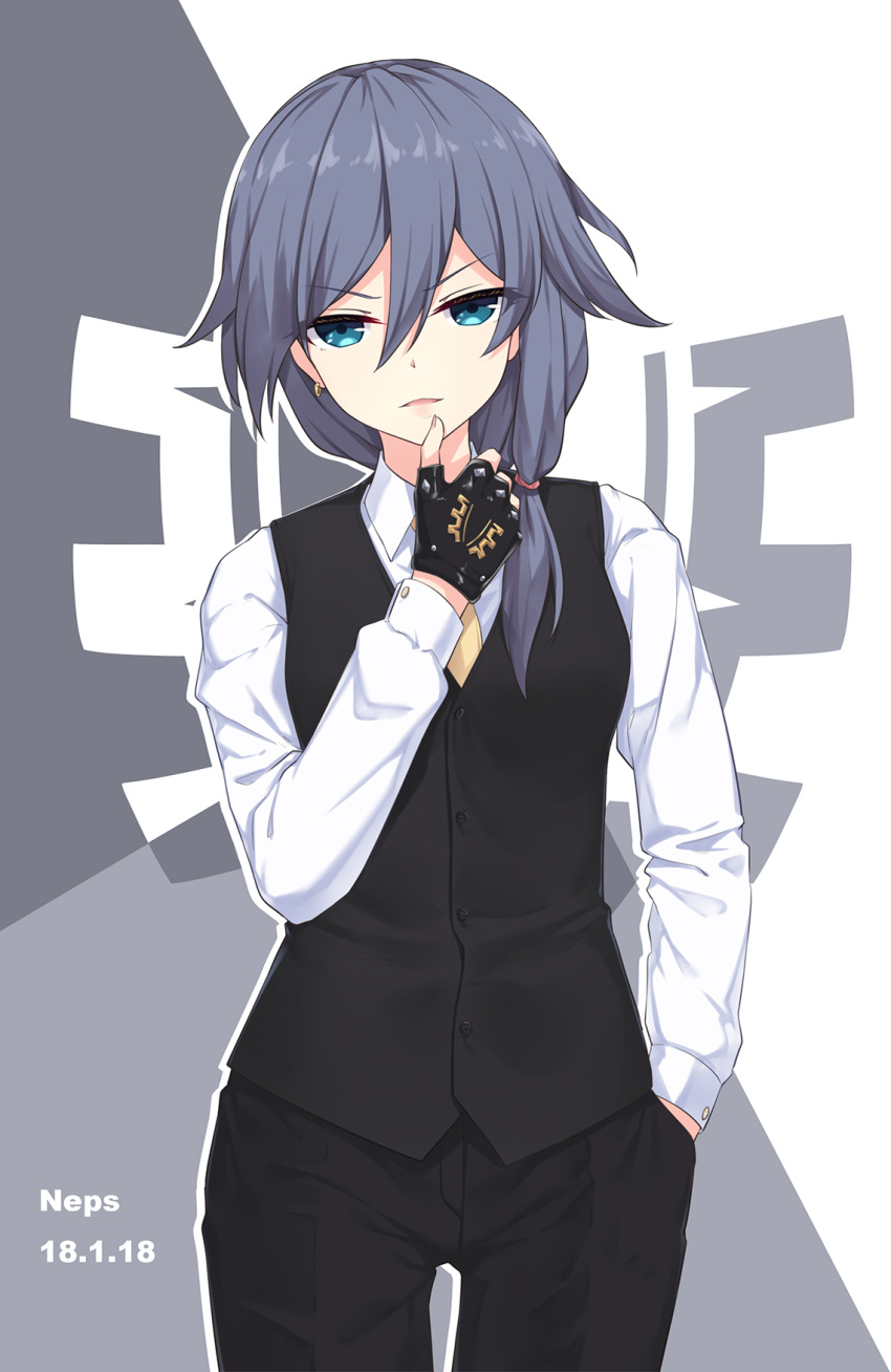 1girl artist_name black_gloves black_hair black_pants black_vest blue_eyes character_request collared_shirt cowboy_shot dated eyebrows_visible_through_hair fingerless_gloves gloves hair_between_eyes hair_tie hand_in_pocket highres honkai_impact jewelry long_hair long_sleeves looking_at_viewer nail_polish necktie neps-l pants reverse_trap shirt single_earring solo standing thumb_to_mouth tsurime v-shaped_eyebrows vest white_shirt wing_collar yellow_neckwear