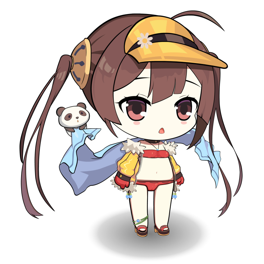 1girl ahoge anklet azur_lane bangs bare_shoulders bikini black_choker blush_stickers brown_eyes brown_footwear brown_hair chibi choker commentary_request flower full_body fur-trimmed_jacket fur_trim hair_between_eyes hair_ornament hairpin halter_top halterneck highres ilivefor2dm jacket jewelry long_hair navel off_shoulder open_clothes open_jacket panda parted_lips ping_hai_(azur_lane) red_bikini red_flower ribbon-trimmed_bikini sandals sidelocks solo standing swimsuit towel twintails very_long_hair visor_cap white_background white_flower yellow_jacket