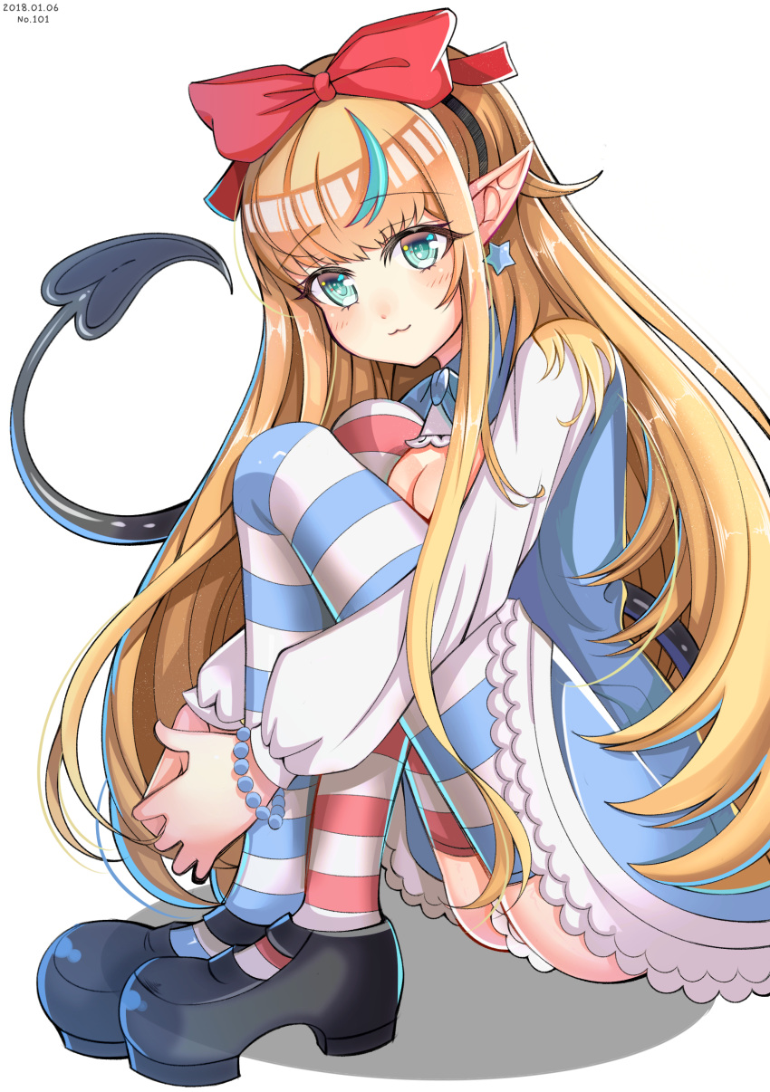 1girl absurdres alice_(wonderland) alice_(wonderland)_(cosplay) bead_bracelet beads black_footwear blonde_hair blue_eyes bracelet breasts cleavage cosplay dated demon_tail earrings hairband highres jewelry jiaxi_daze long_hair looking_at_viewer monster_girl_encyclopedia pointy_ears sitting smile striped striped_legwear tail thigh-highs very_long_hair