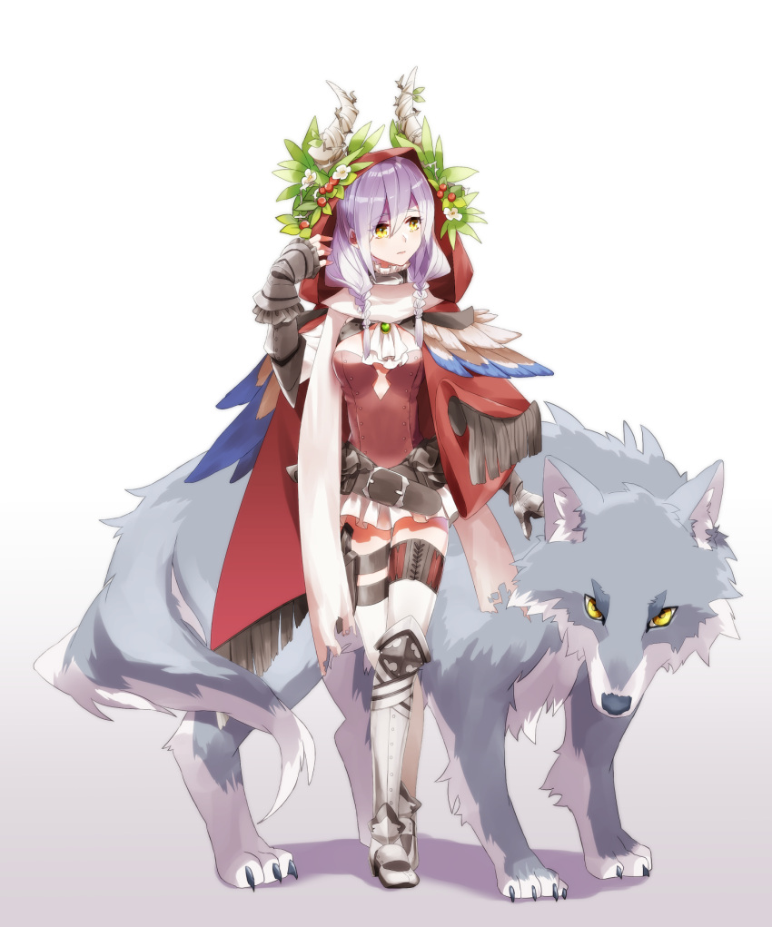 1girl 20day_cc belt braid flower grey_footwear grey_hair hair_flower hair_ornament hand_up highres hood horns looking_at_viewer looking_to_the_side original red_hood scarf standing thigh-highs thigh_strap white_scarf wolf yellow_eyes