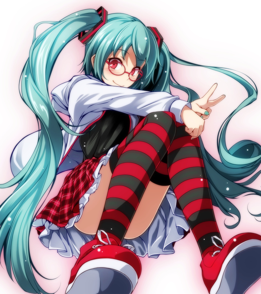 1girl absurdres black_shirt blue_hair blue_nails blush glasses hatsune_miku highres jacket long_hair nail_polish open_clothes open_jacket project_diva_(series) red_eyes shirt smile striped striped_legwear thigh-highs tsukishiro_saika twintails v vocaloid